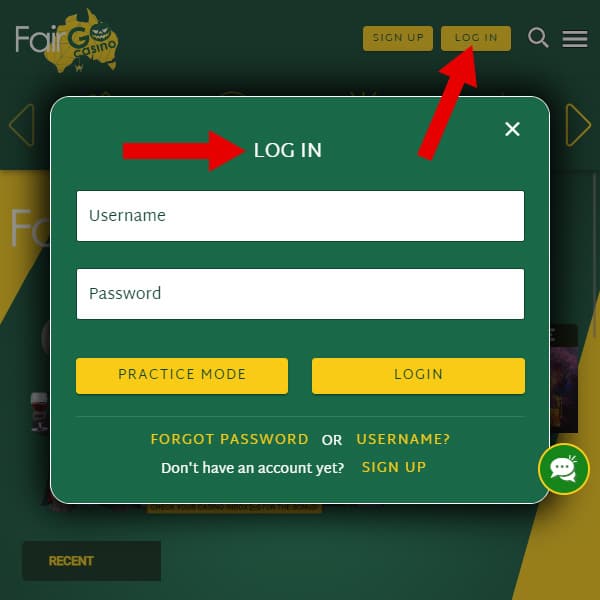 Fair Go Casino login page and game lobby interface
